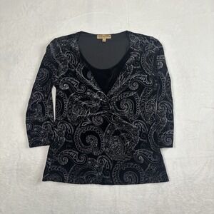 VTG Notations Black Long Sleeve Velour Paisley Blouse Top Women's Medium